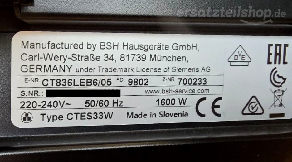 Typenschild Siemens CT836LEB6/05