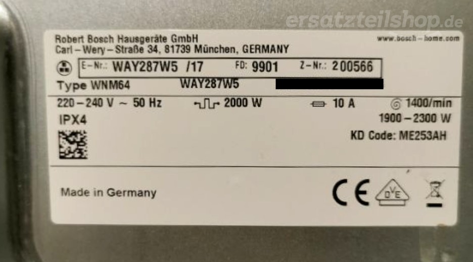 Typenschild Bosch WAY287W5/01