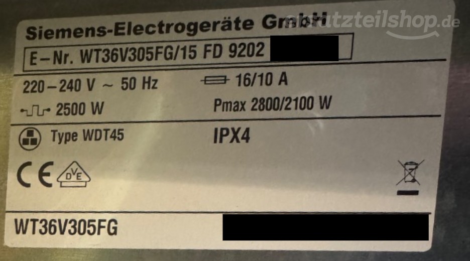 Typenschild Siemens WT36V305FG/15