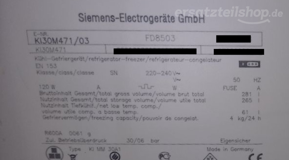 Typenschild Siemens KI30M471/03