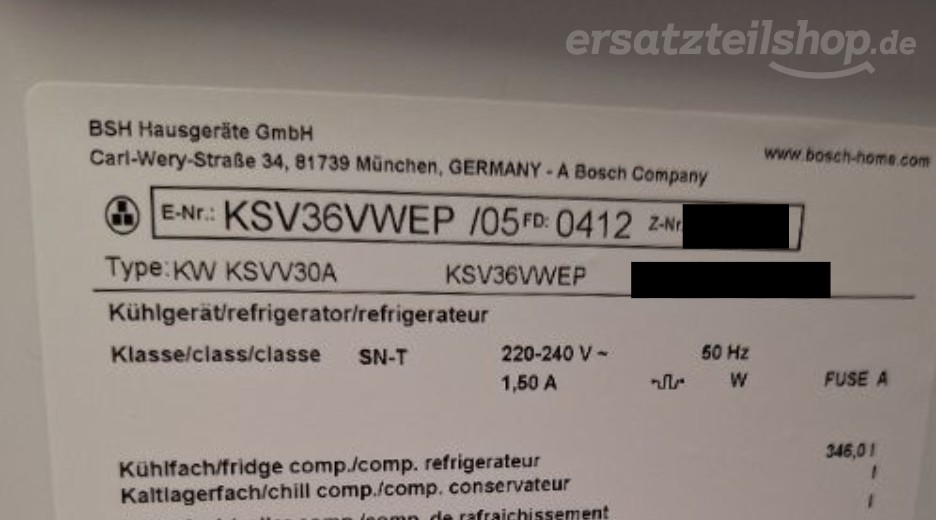 Typenschild Bosch KSV36VWEP/05
