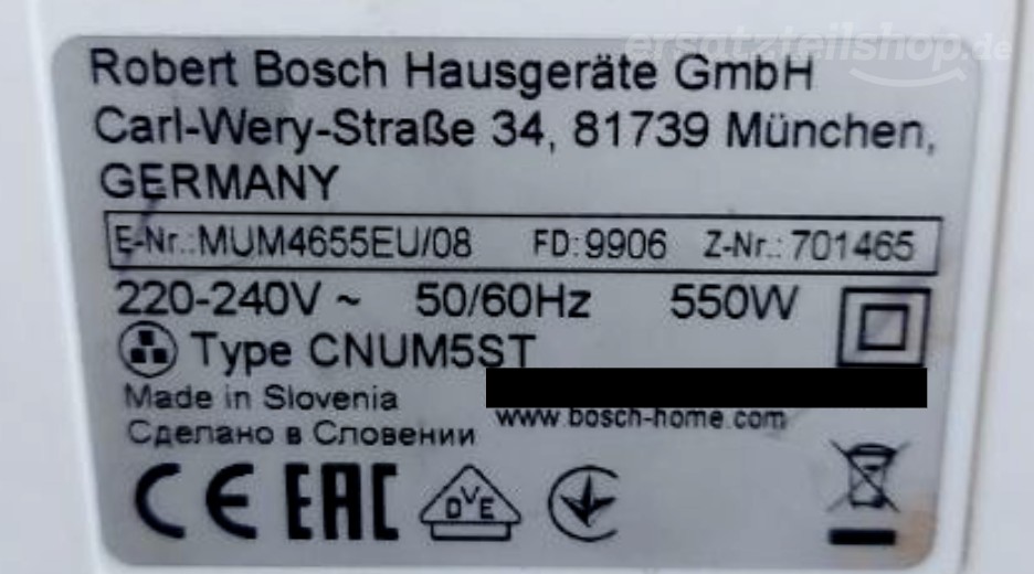 Typenschild Bosch MUM4655EU/08