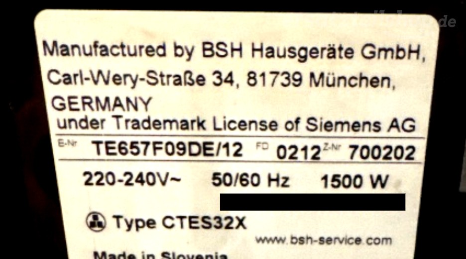 Typenschild Siemens TE657F09DE/12