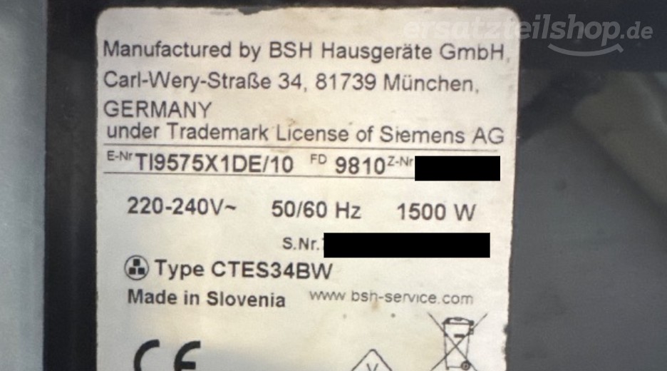 Typenschild Siemens TI9575X1DE/10