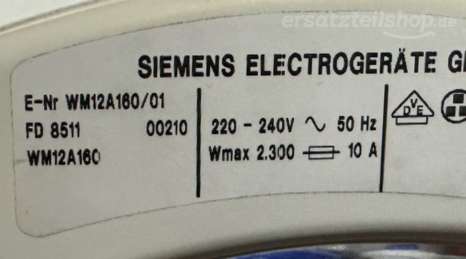 Typenschild Siemens A 12-16 WM12A160/01