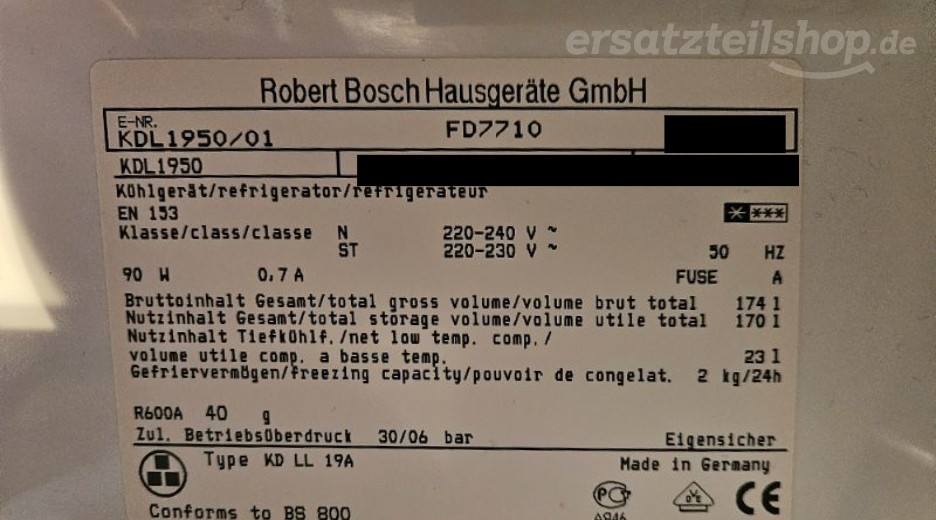 Typenschild Bosch KDL1950/01