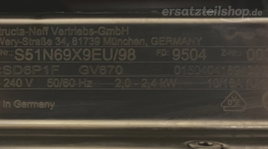 Typenschild Neff  S51N69X9EU/98