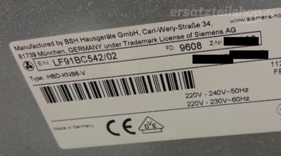 Typenschild Siemens LF91BC542/02