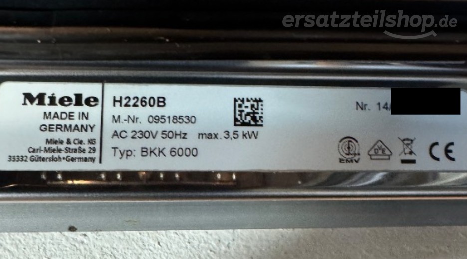Typenschild Miele H 2260 B H2260B
