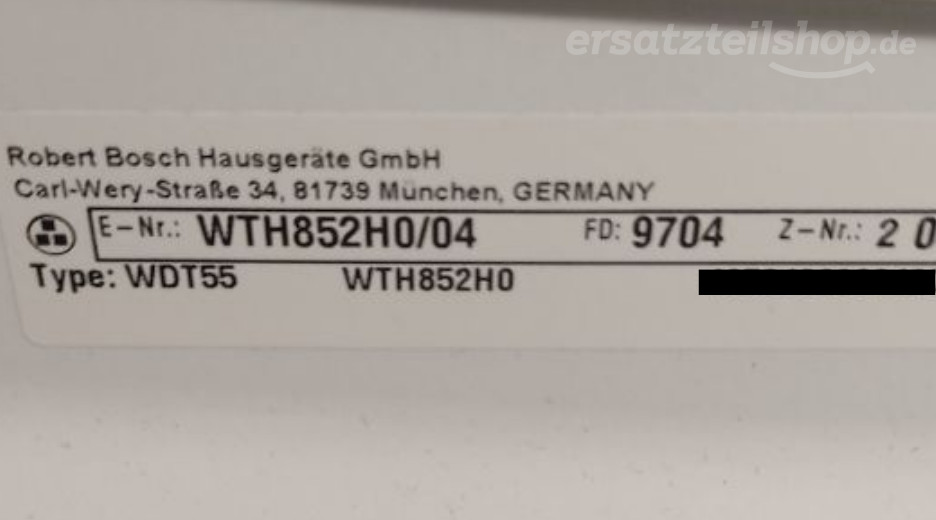Typenschild Bosch WTH852H0/04