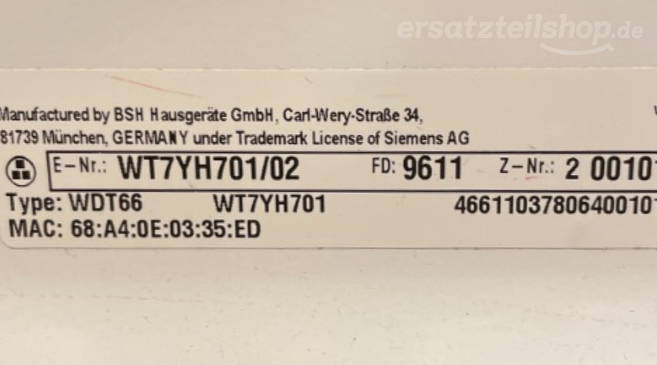 Typenschild Siemens WT7YH701/02