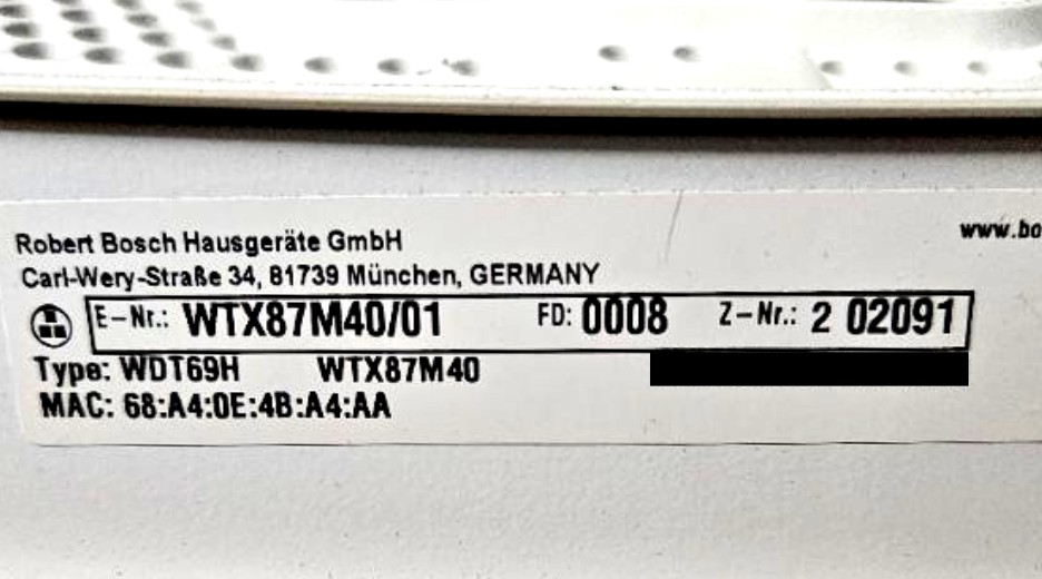 Typenschild Bosch WTX87M40/01