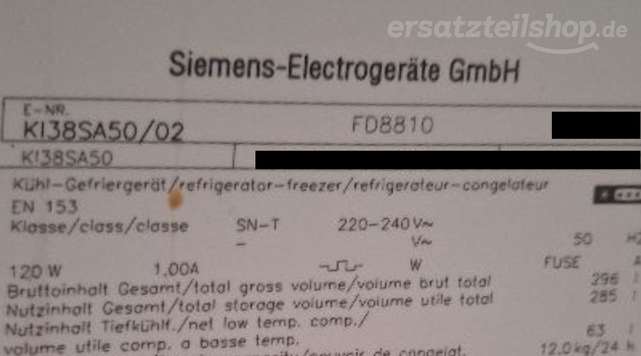 Typenschild Siemens KI38SA50/02