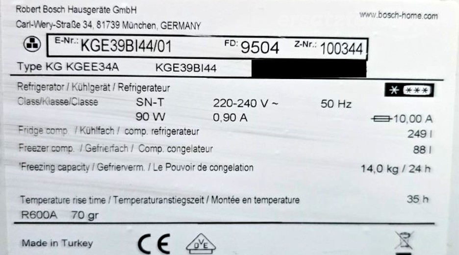 Typenschild Bosch KGE39BI44/01