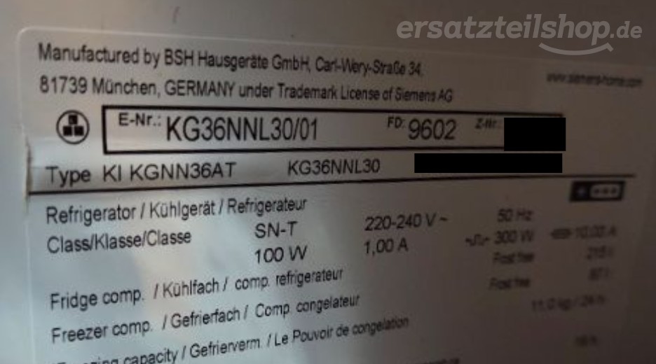 Typenschild Siemens KG36NNL30/01
