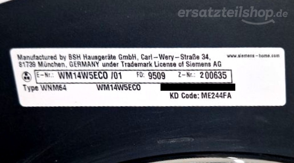 Typenschild Siemens WM14W5ECO/01