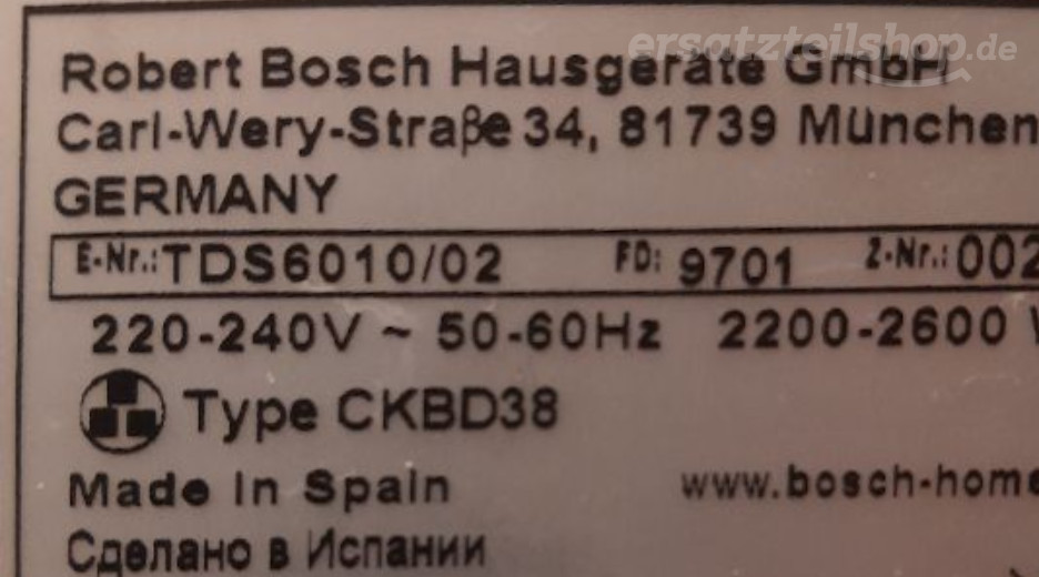Typenschild Bosch TDS6010/02