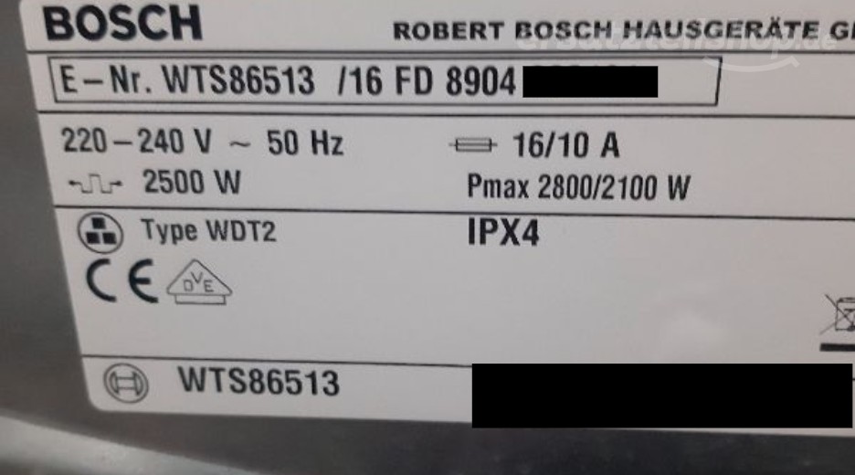Typenschild Bosch WTS86513/16
