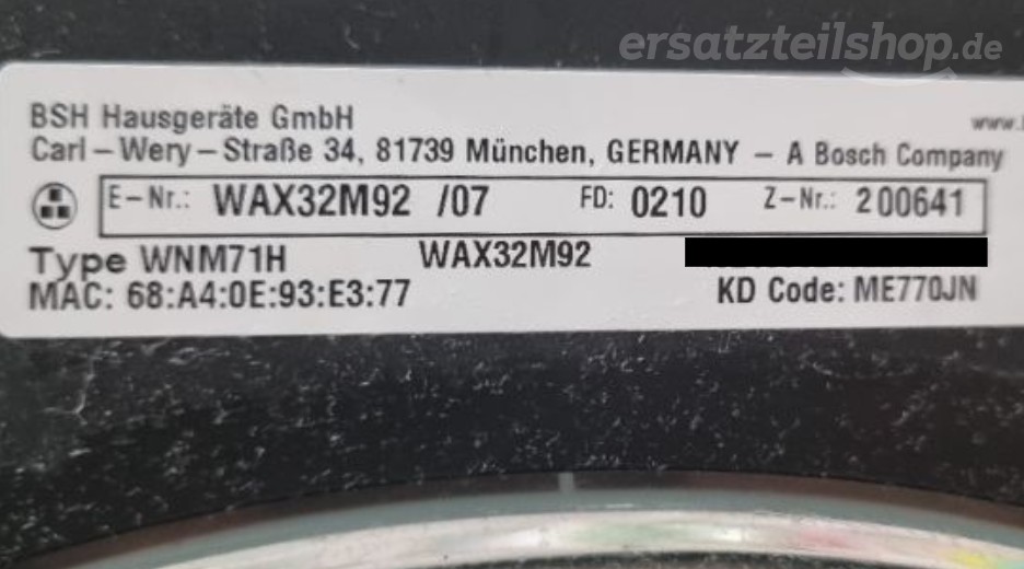 Typenschild Bosch WAX32M92/07