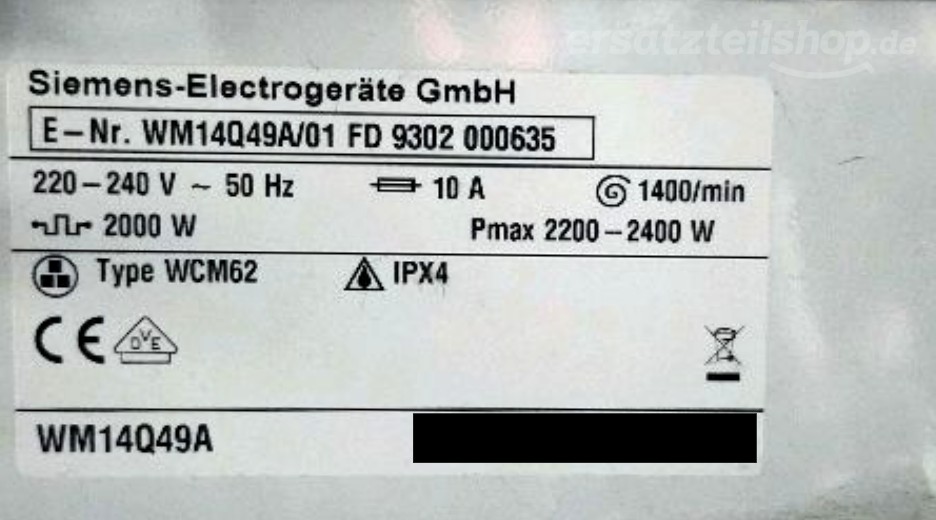 Typenschild Siemens WM14Q49A/01