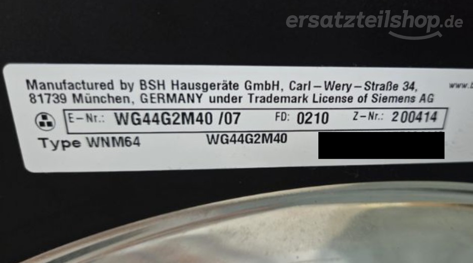 Typenschild Siemens WG44G2M40/07