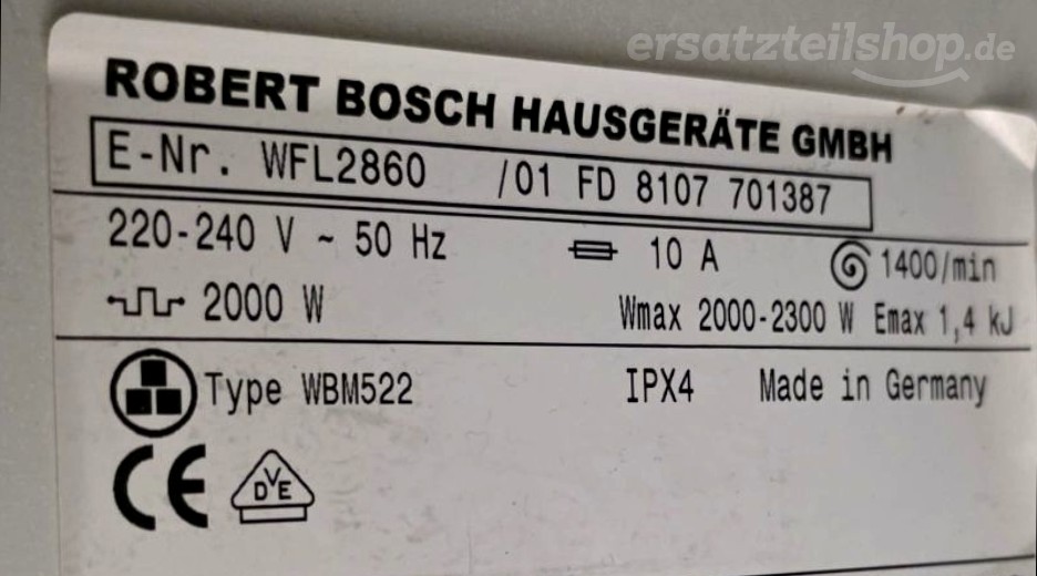 Typenschild Bosch WFL 2860 WFL2860/01