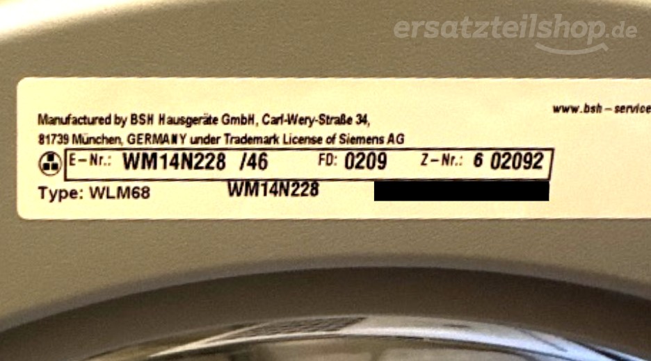 Typenschild Siemens WM14N228/01