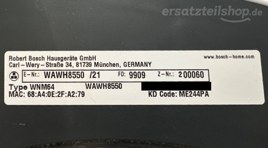 Typenschild Bosch WAWH8550/21