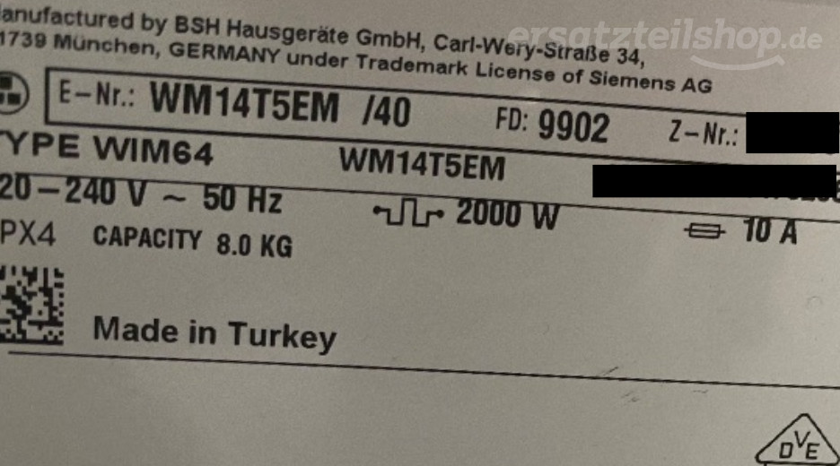 Typenschild Siemens WM14T5EM/40