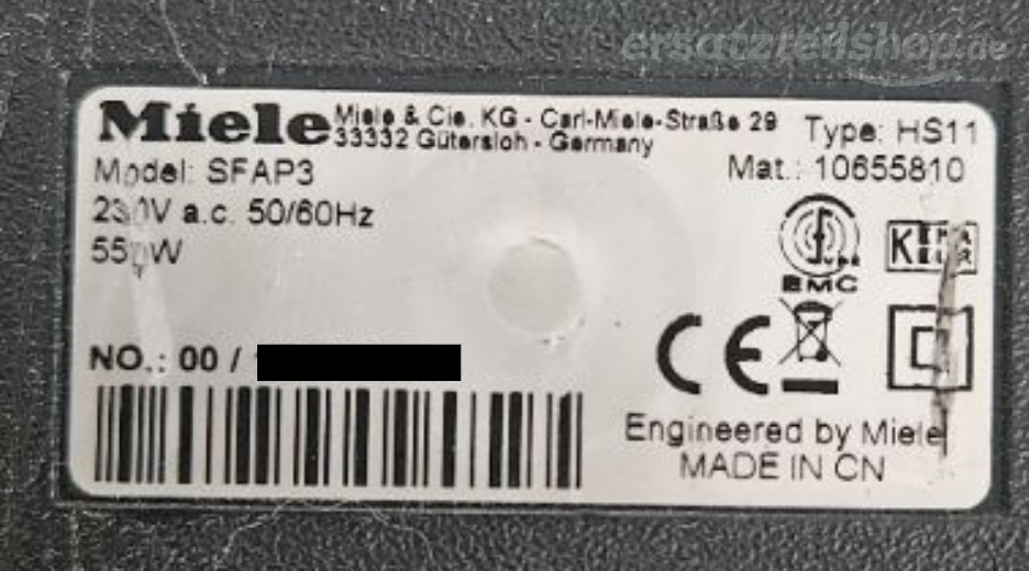 Typenschild Miele SFAP3 SFAP3