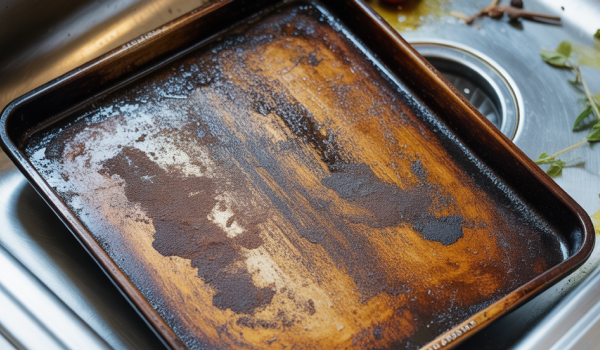 Backblech reinigen verschmutzes Backblech reinigen in Spüle