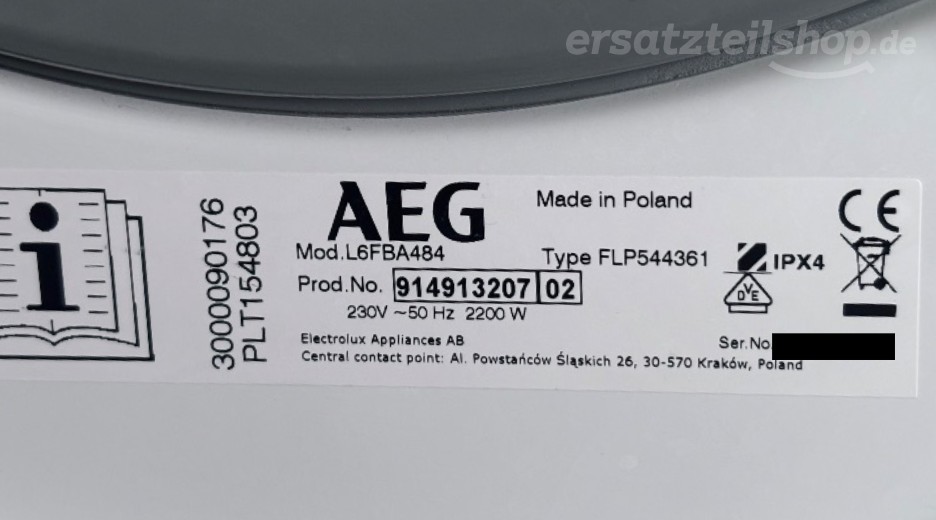 Typenschild AEG L6FBA484 91491320702