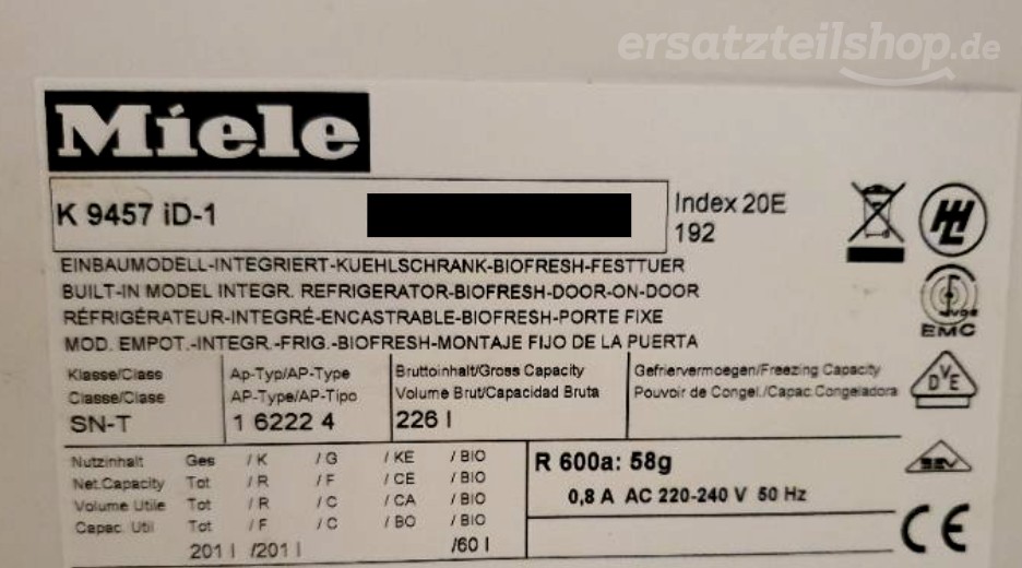 Typenschild Miele K 9457 iD-1 K9457ID-1