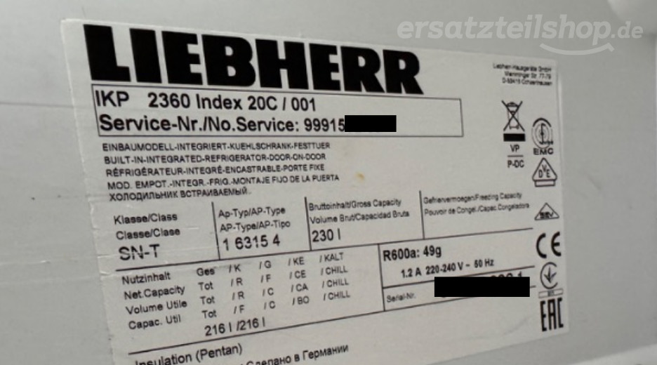 Typenschild Liebherr IKP236020A IKP 2360-20 A