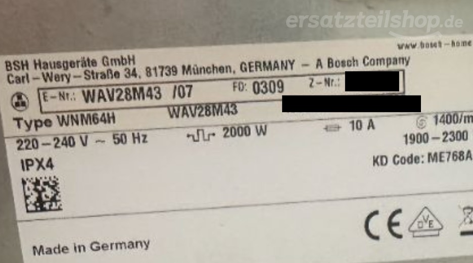 Typenschild Bosch WAV28M43/07