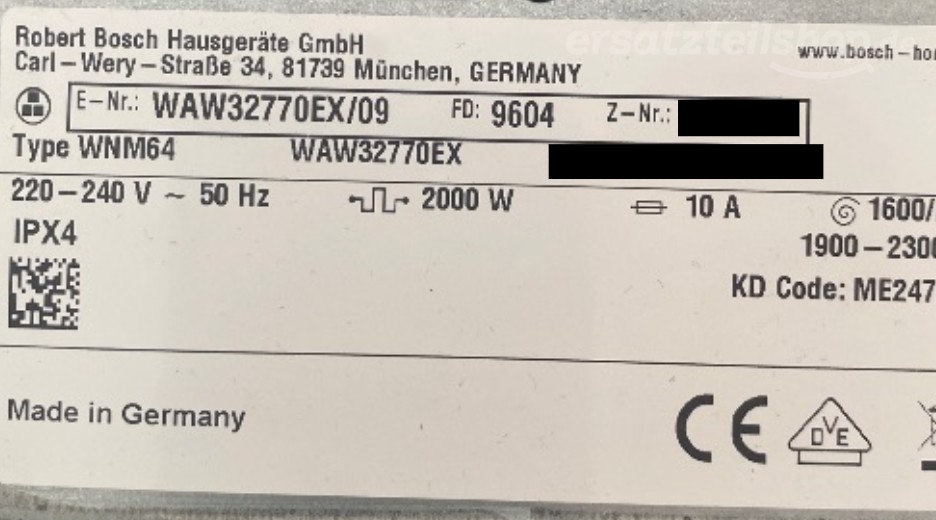 Typenschild Bosch WAW32770EX/09
