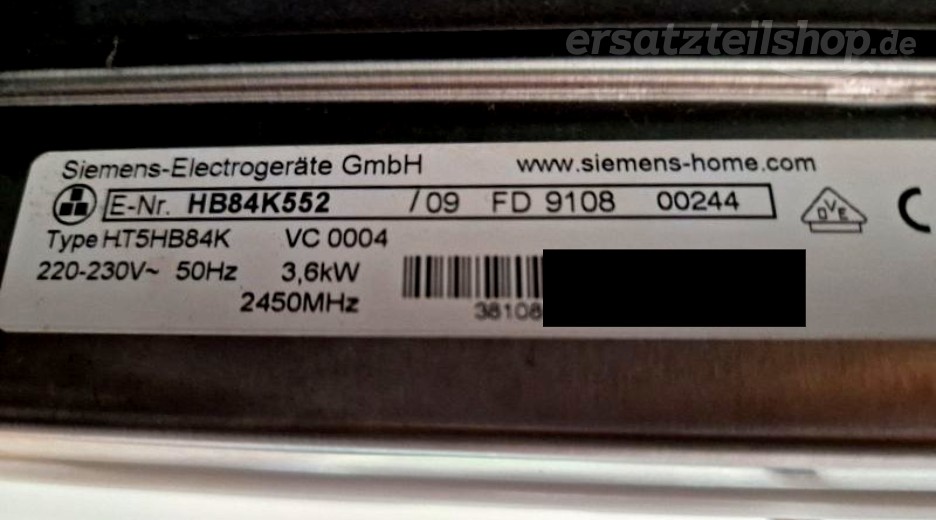 Typenschild Siemens HB84K552/09