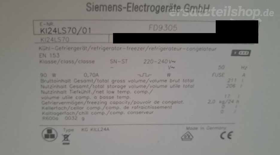 Typenschild Siemens KI24LS70/01