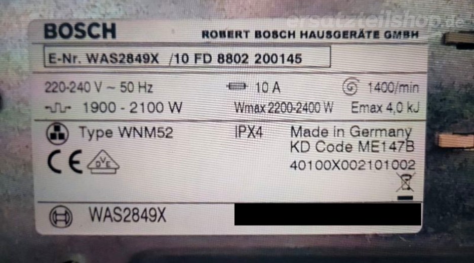 Typenschild Bosch Logixx 8 EcoSpar WAS2849X/10