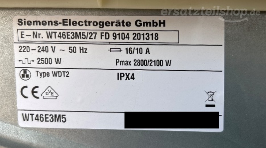 Typenschild Siemens WT46E3M5/27