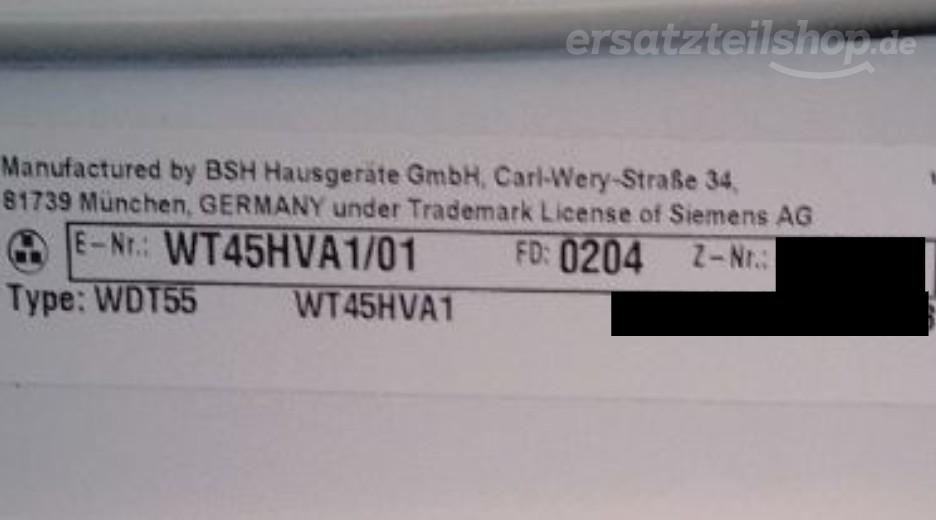 Typenschild Siemens WT45HVA1/01