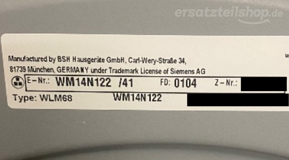 Typenschild Siemens WM14N122/41