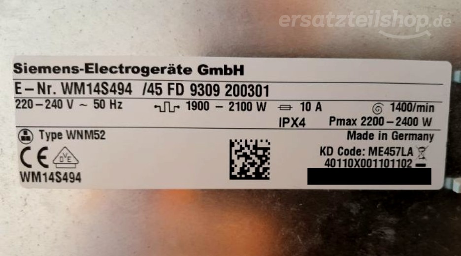 Typenschild Siemens WM14S494/01
