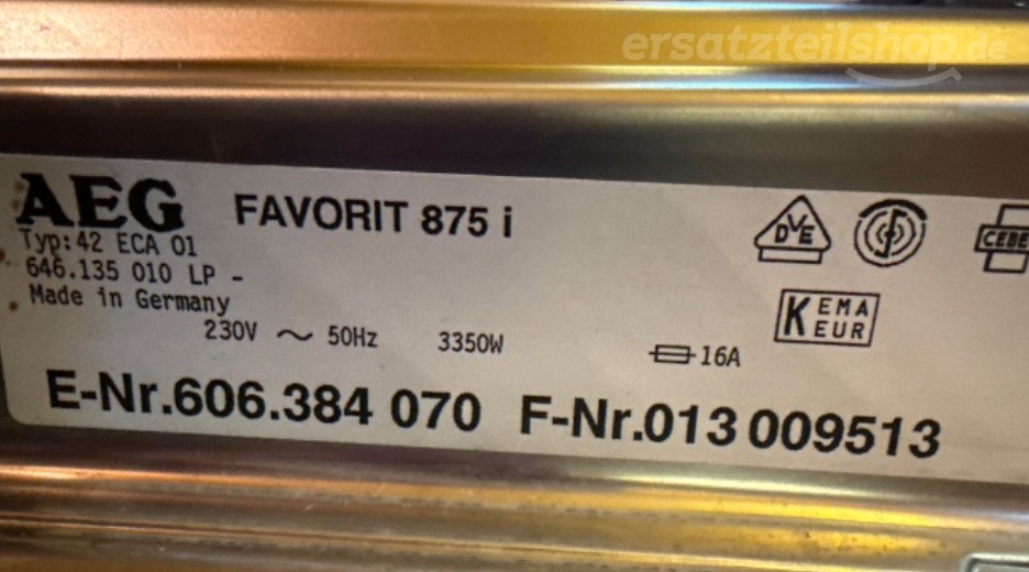 Typenschild AEG FAV875I-D 60638407000