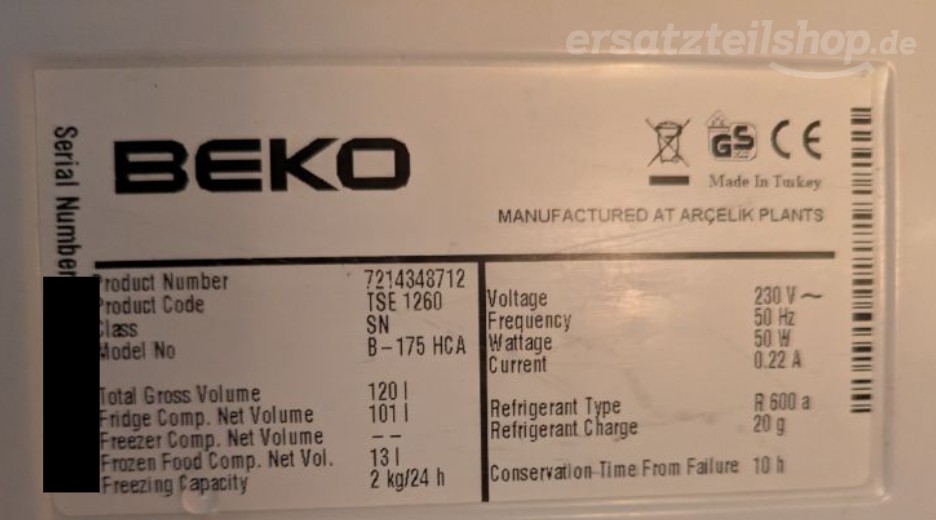 Typenschild Beko TSE 1260 7214348712
