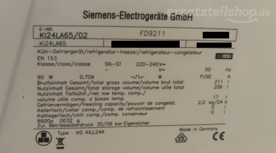 Typenschild Siemens KI24LA65/02