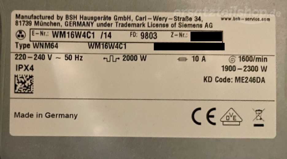 Typenschild Siemens WM16W4C1/14