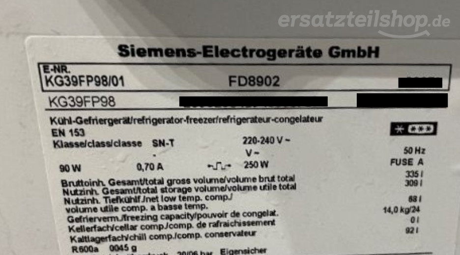Typenschild Siemens KG39FP98/01