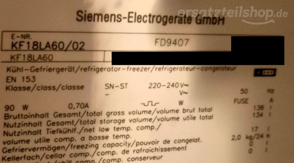 Typenschild Siemens KF18LA60/02
