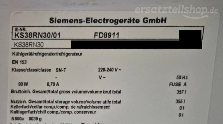 Typenschild Siemens KS38RN30/01